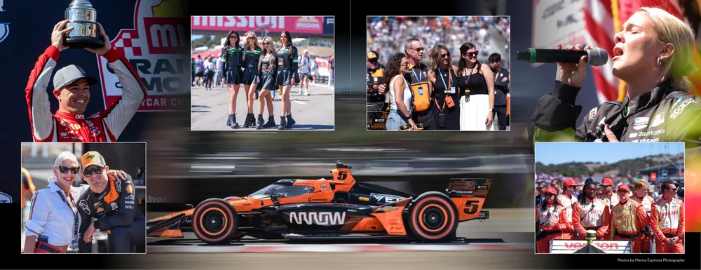 Coming Home with the Trophy, opening spread, 65º Magazine Fall 2026. IndyCar season finale at WeatherTech Raceway Laguna Seca. Pages 24 and 25. Photographs by Manny Espinoza.