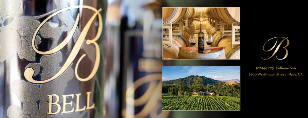 Bell Wine Cellars advertisement in 65º Magazine Fall 2026, designed by Manny Espinoza. Double truck. Design and photography.