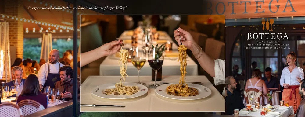 Bottega Napa Valley advertisement in 65º Magazine Fall 2026, designed by Manny Espinoza. Double truck. Design and photography.