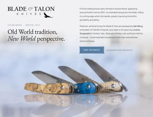 Blade & Talon Knives advertisement in 65º Magazine Fall 2026, designed by Manny Espinoza. Design.