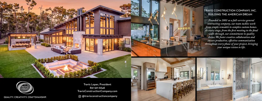 Travis Construction Company advertisement in 65º Magazine Fall 2026, designed by Manny Espinoza. Double truck. Design and photography.