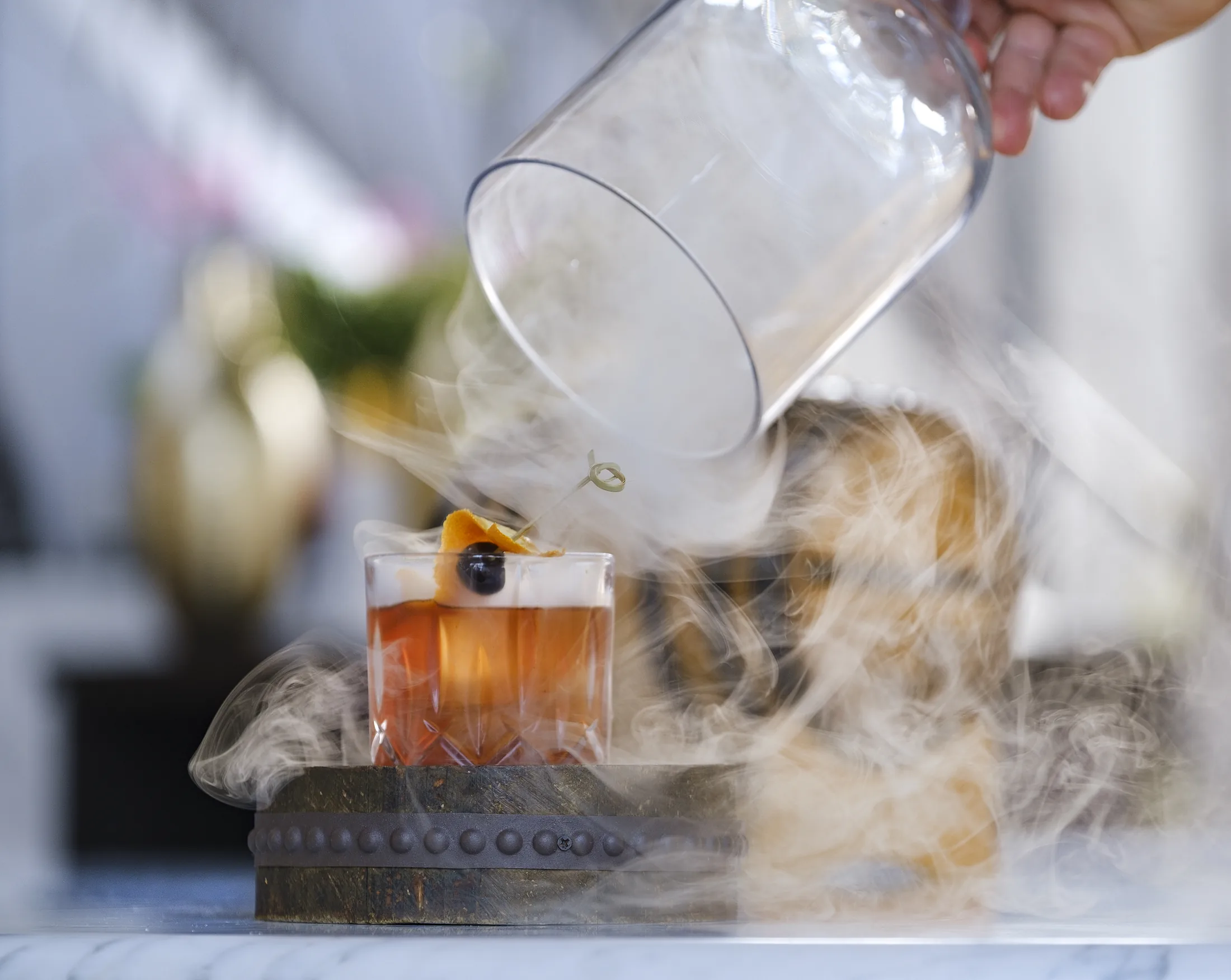 Smoked old fashioned cocktail at Seventh and Dolores Steakhouse, Carmel-by-the-Sea — beverage photography by Manny Espinoza