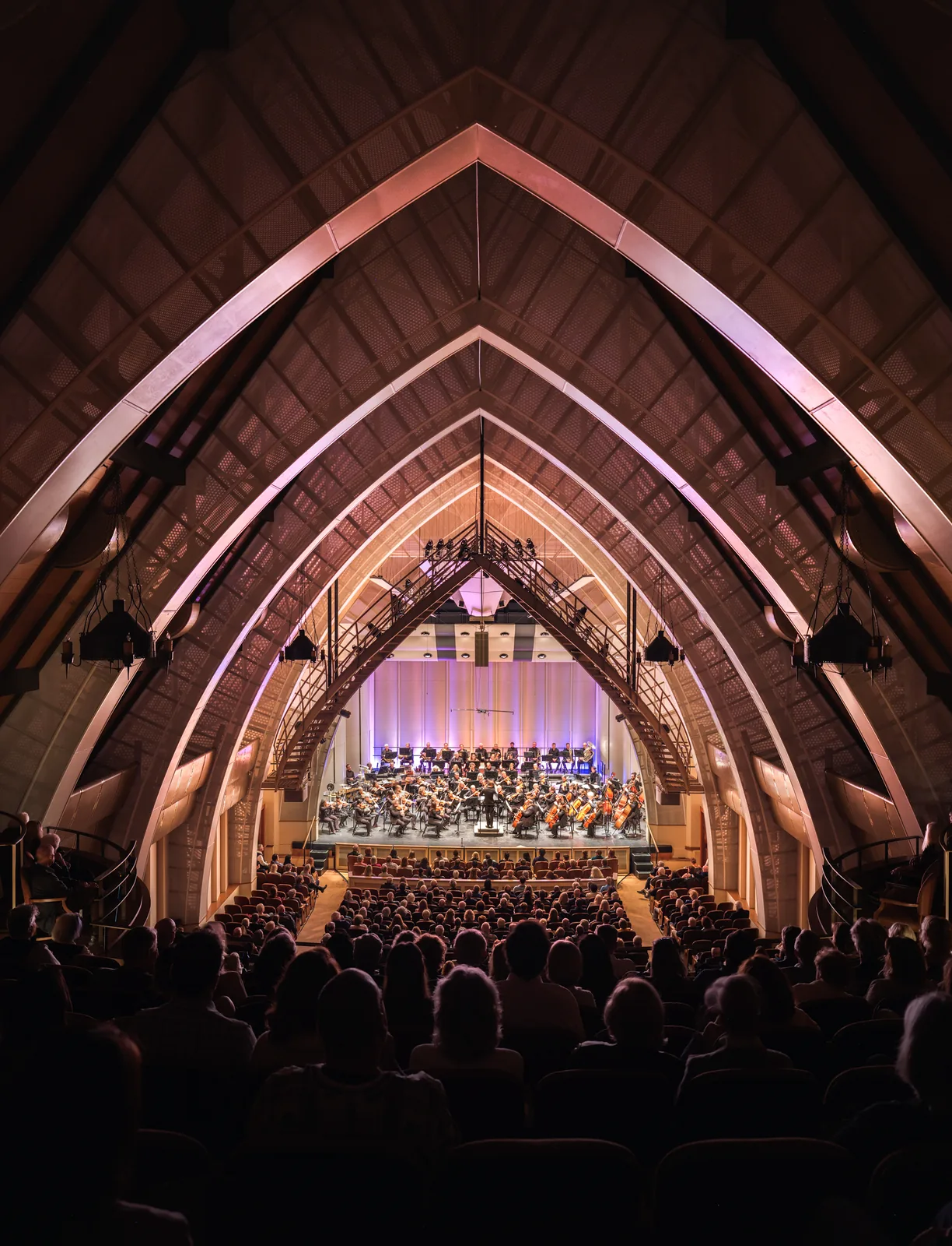 Audience facing a symphony orchestra beneath a tall arched ceiling, concert photography by Manny Espinoza