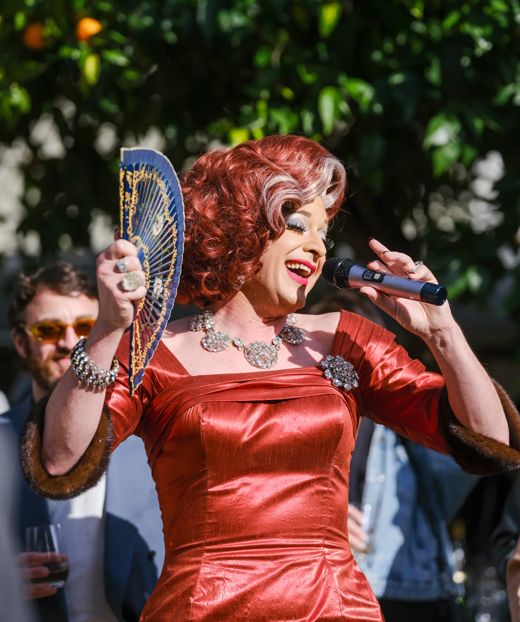 San Francisco cabaret performer Katya Smirnoff-Skyy singing in the courtyard at The Charles Napa Valley grand opening, February 2026