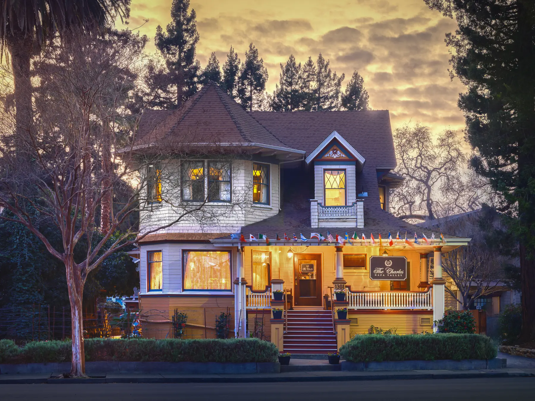 The Charles Napa Valley, a 1906 Victorian hotel in downtown Napa, at twilight