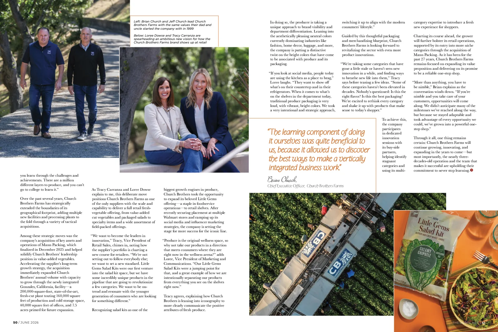 Second spread of the Church Brothers Farms feature in The Snack magazine, June 2026, pages 50 and 51, with portraits of Brian Church, Jeff Church, Loree Dowse and Tracy Carranza by Manny Espinoza