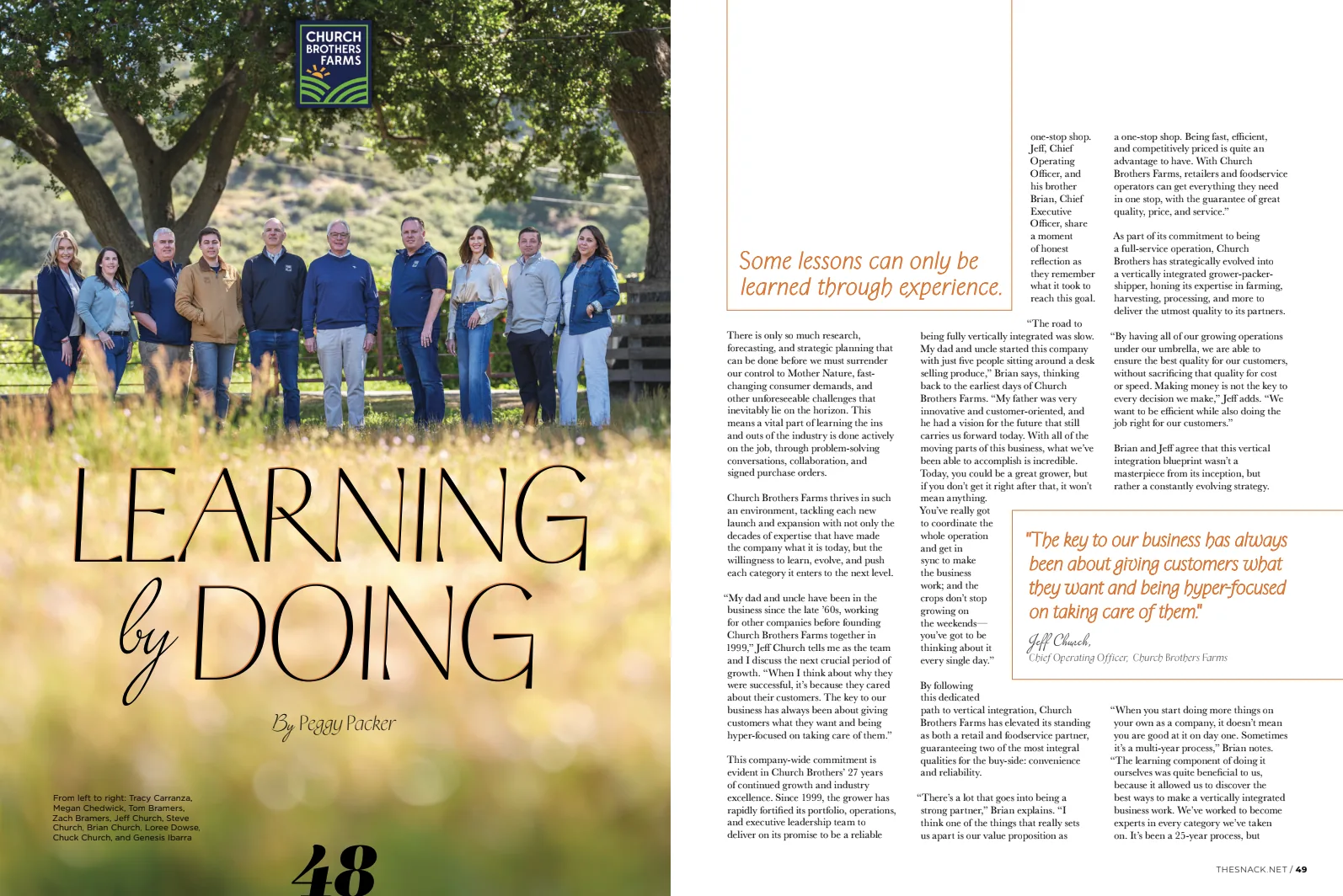 Learning by Doing, opening spread of the Church Brothers Farms feature in The Snack magazine, June 2026, pages 48 and 49, leadership portrait by Manny Espinoza
