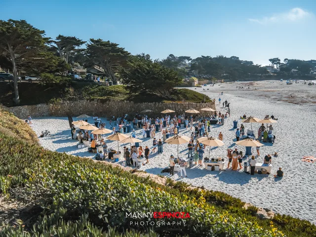The reception from the ice plant on the bluff with Pebble Beach across the bay at Walk for Freedom 2026 on Carmel Beach